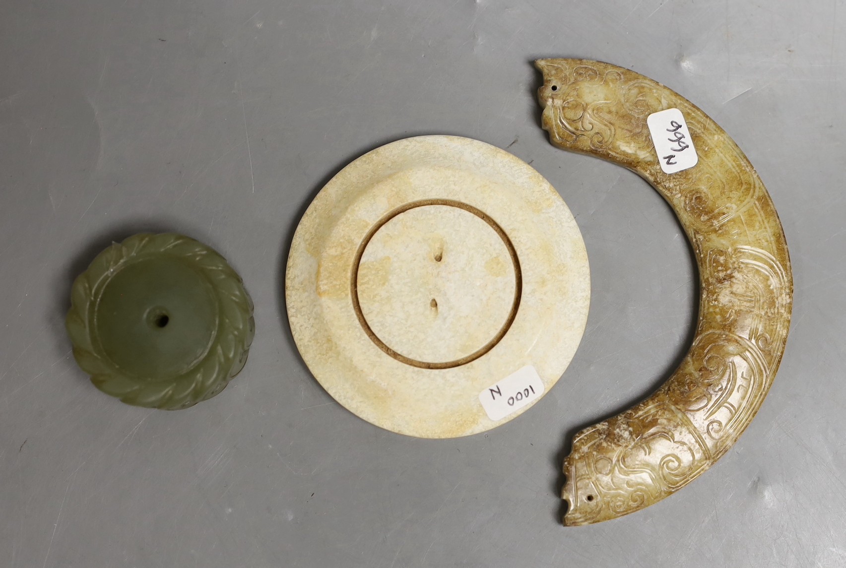 Three Chinese jade carvings - a huang, a disc and cash money